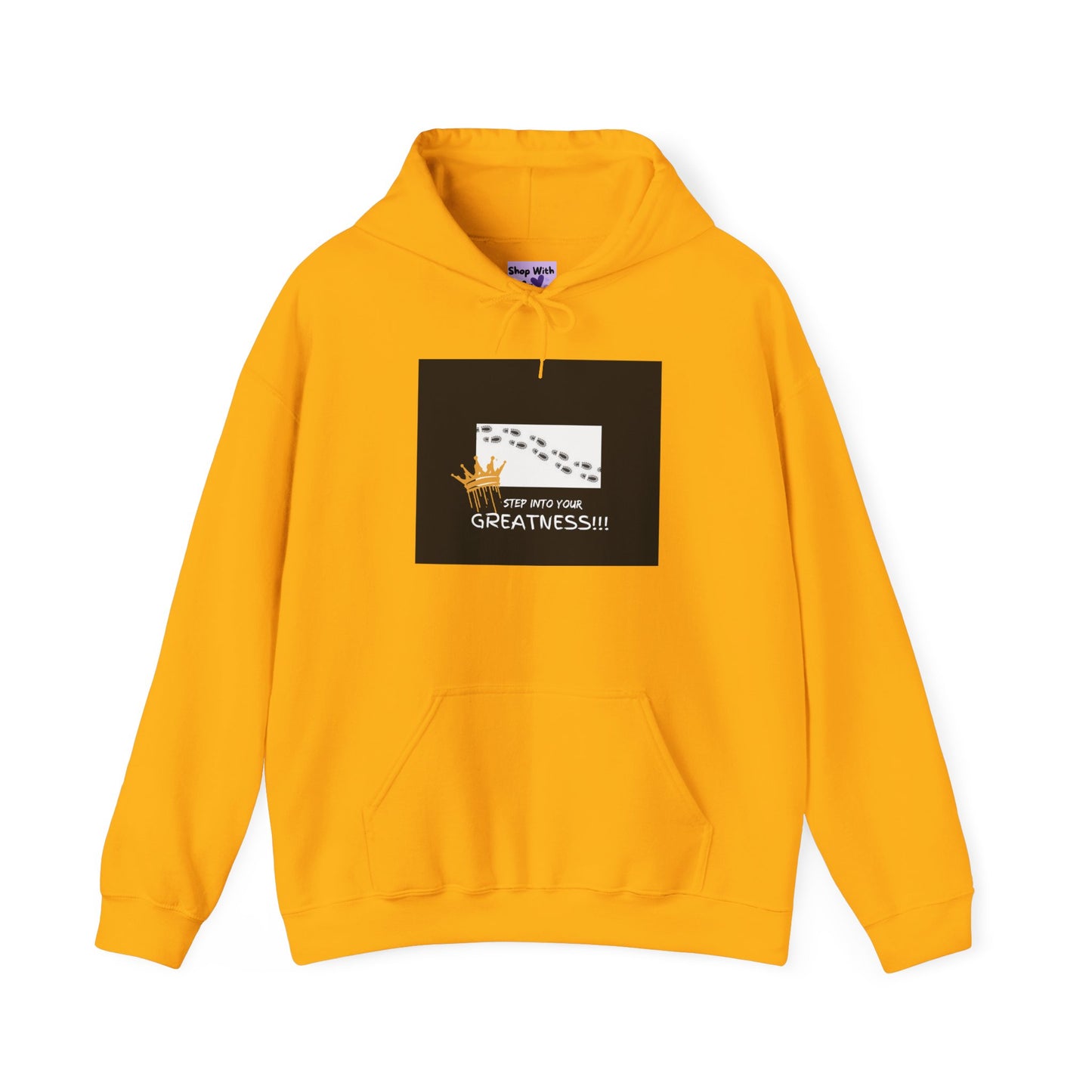 Yellow hoodie with a black graphic and text  | Shop With Ara