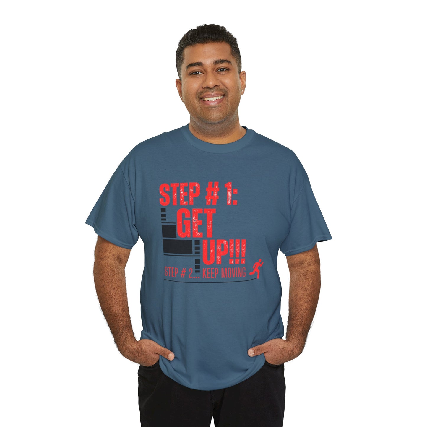 Man wearing a blue t-shirt with red text | Shop With Ara
