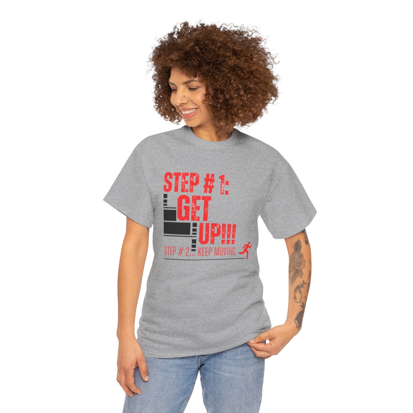 Woman wearing a gray t-shirt with motivational text design | Shop With Ara