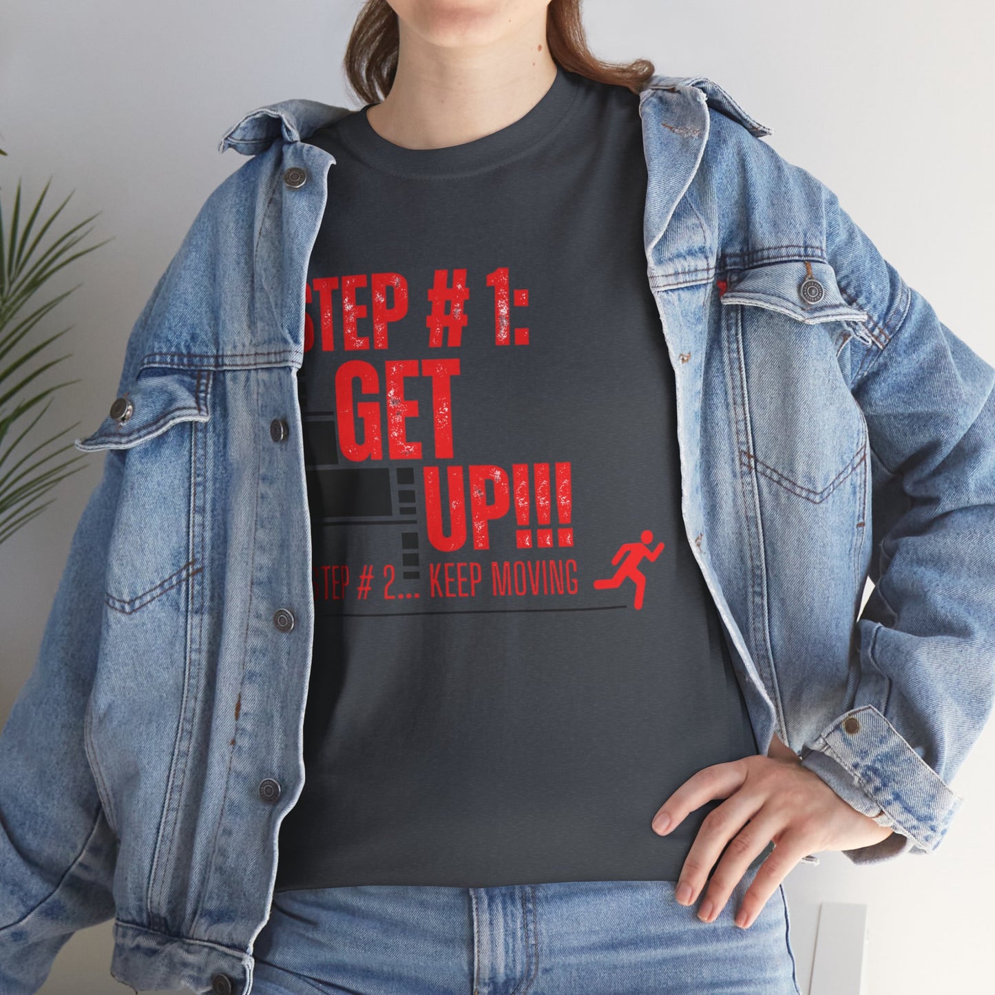 gray t-shirt with red and black text and graphics,| Shop With Ara