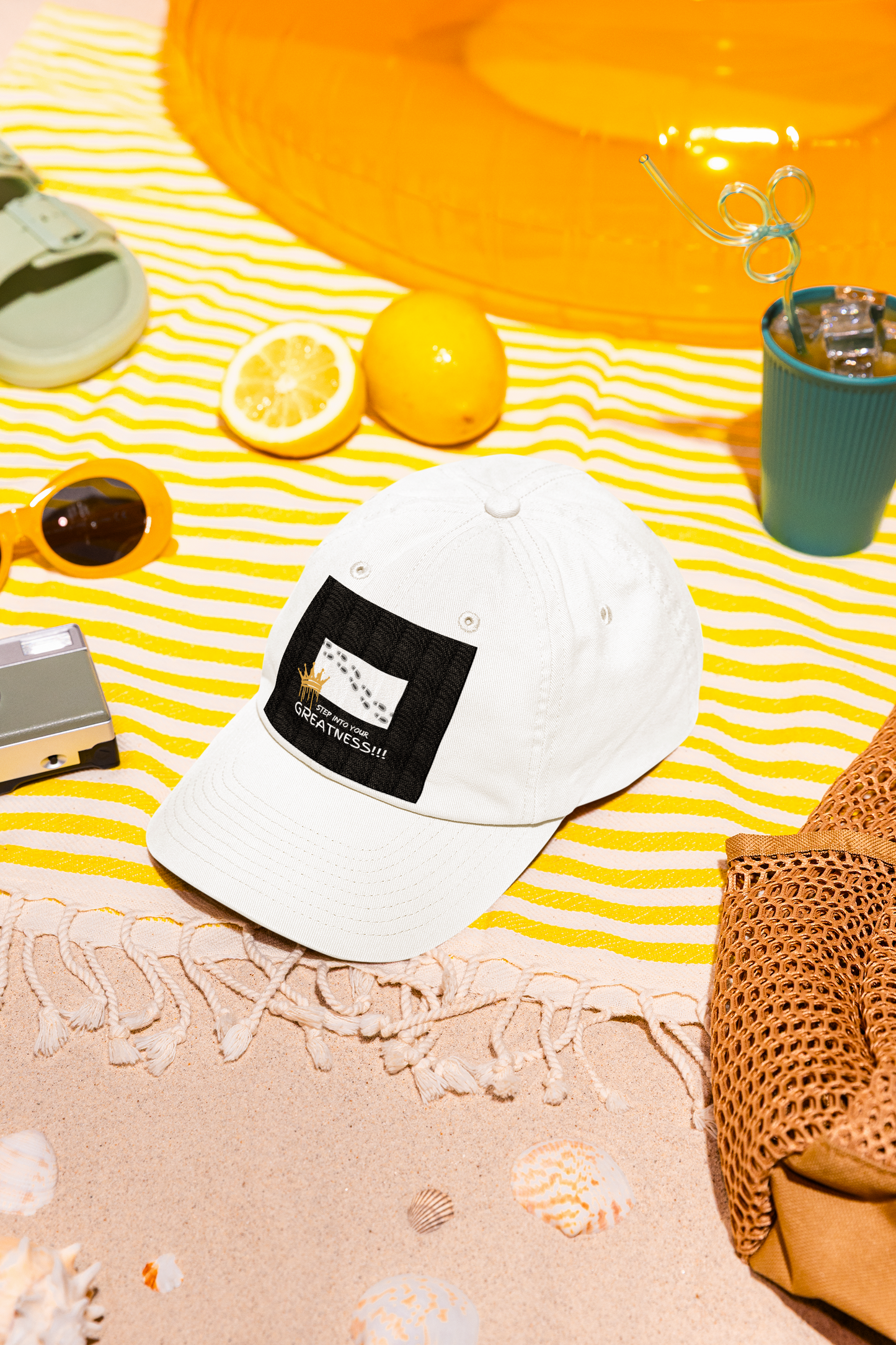 White cap with a black label on a yellow | ShopWithAra