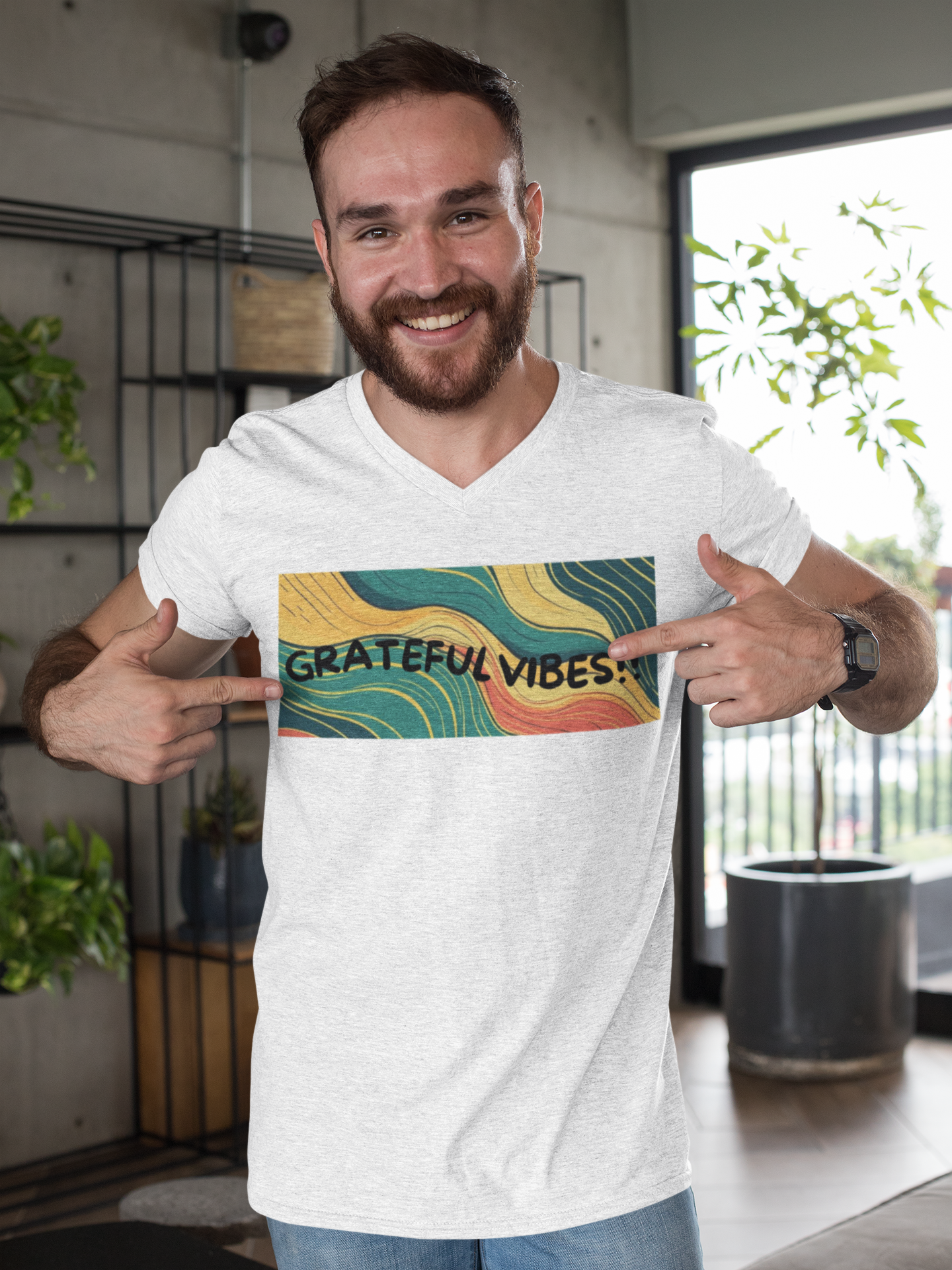 Grateful Vibes V-Neck Jersey Tee – Inspirational Positive Affirmation Shirt | Shop With Ara