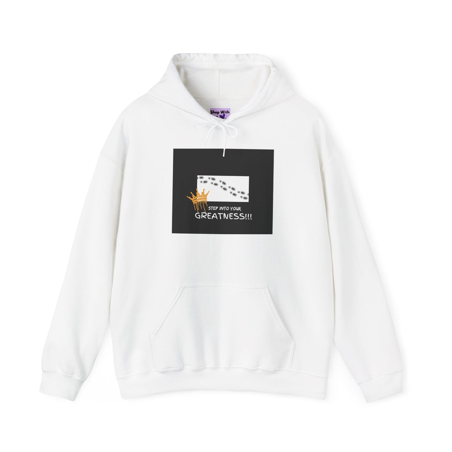 White hoodie with a black patch  | Shop With Ara