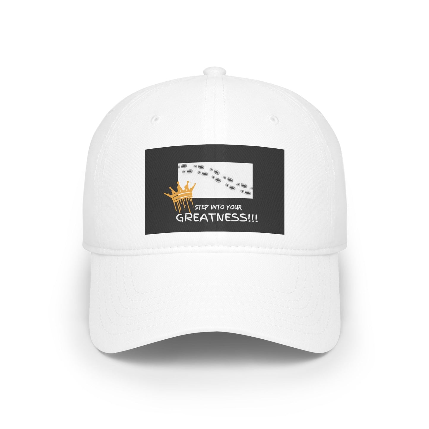 White cap with a black patch featuring text and graphics | ShopWithAra
