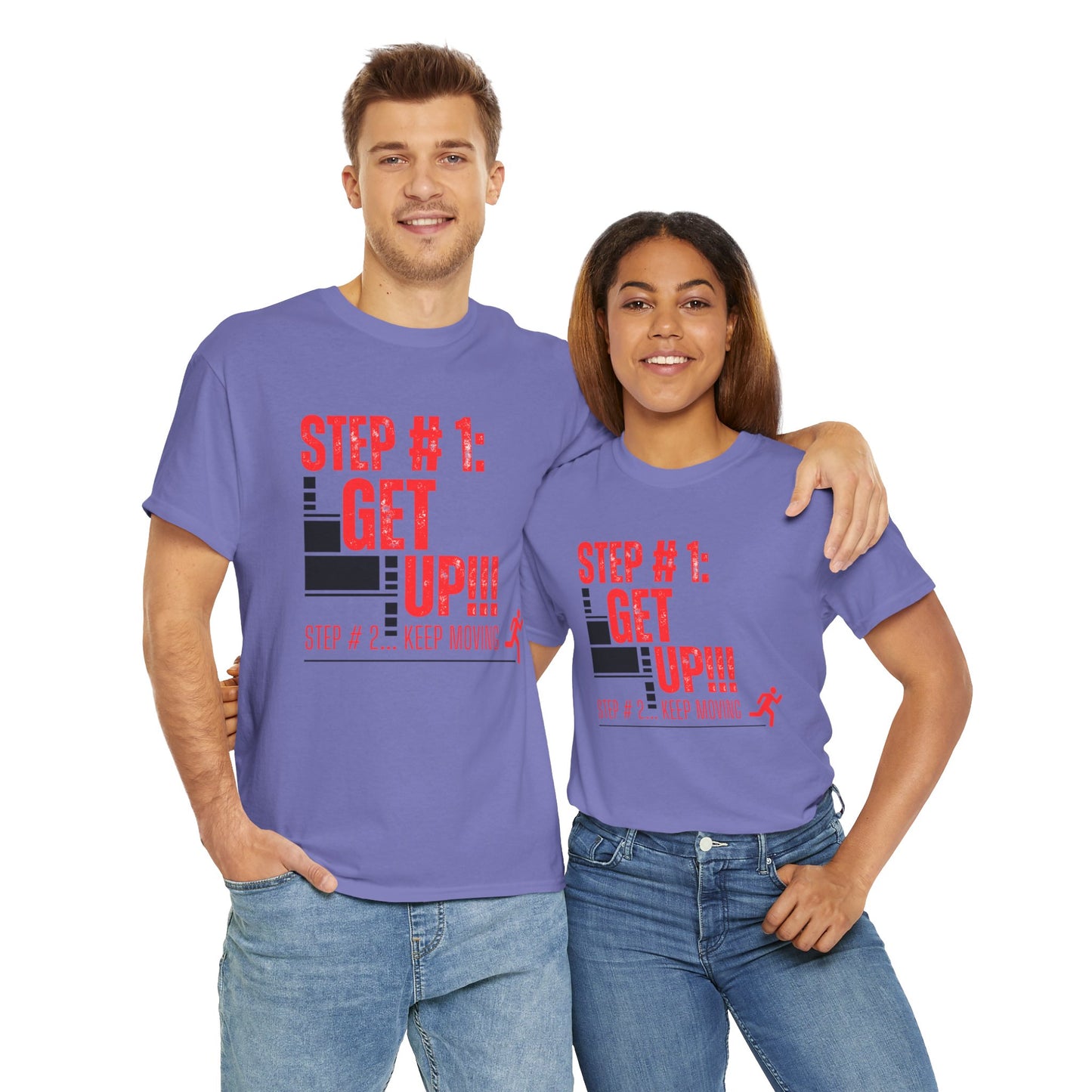 Two people wearing matching purple t-shirts with red and black text | Shop With Ara